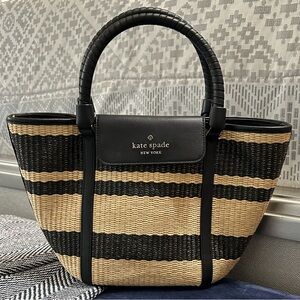 Kate Spade New York Cruise Medium Tote Bag Black & Tan Straw w/ Leather Trim